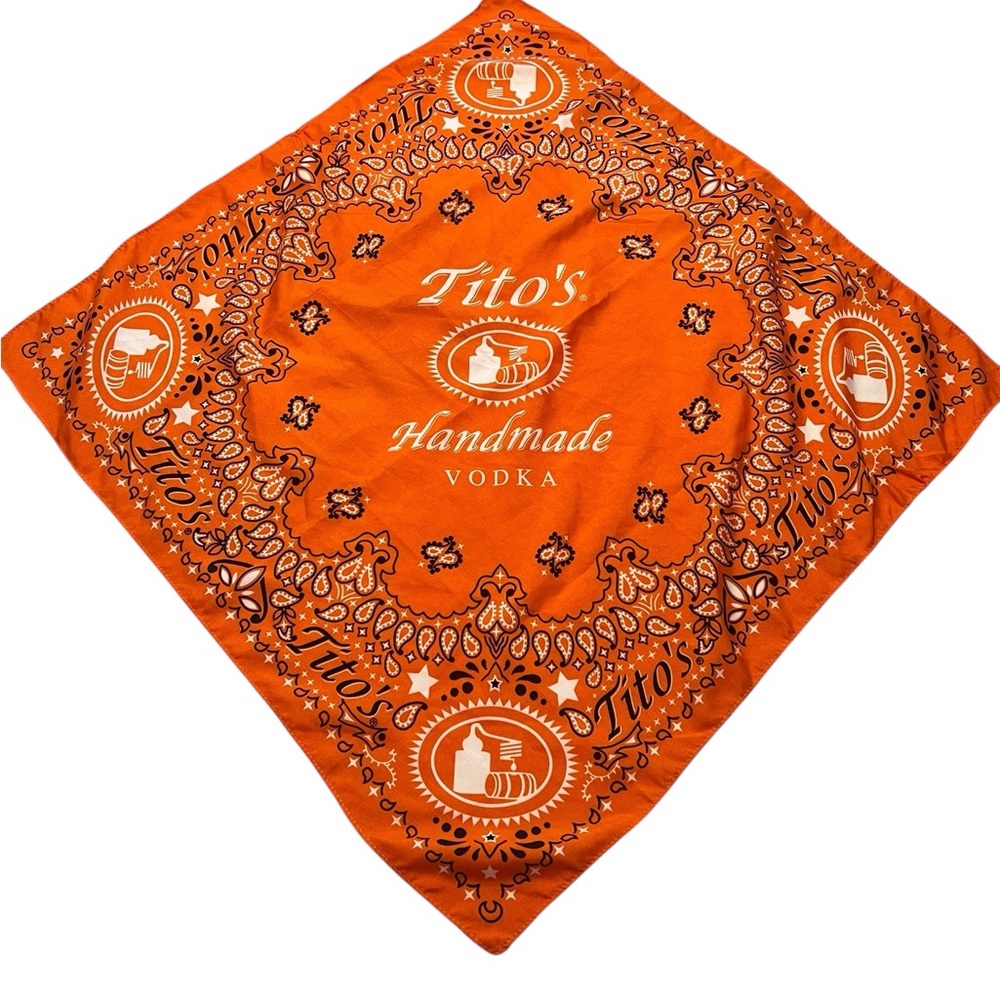 Tito's Handmade Vodka Bandana Advertising Paisley Orange Scarf 21x21”